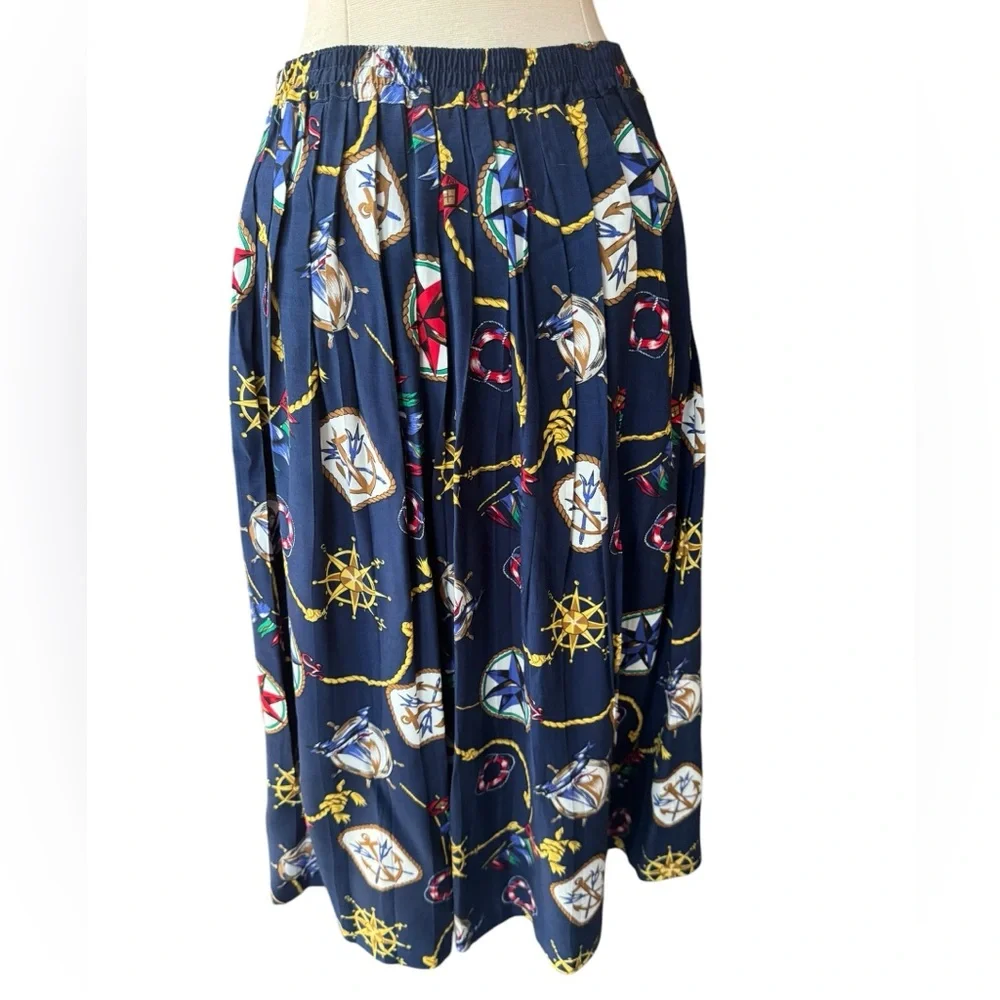 1980s‎ Alfred Dunner 100% Rayon, Nautical Print, Pleated Skirt